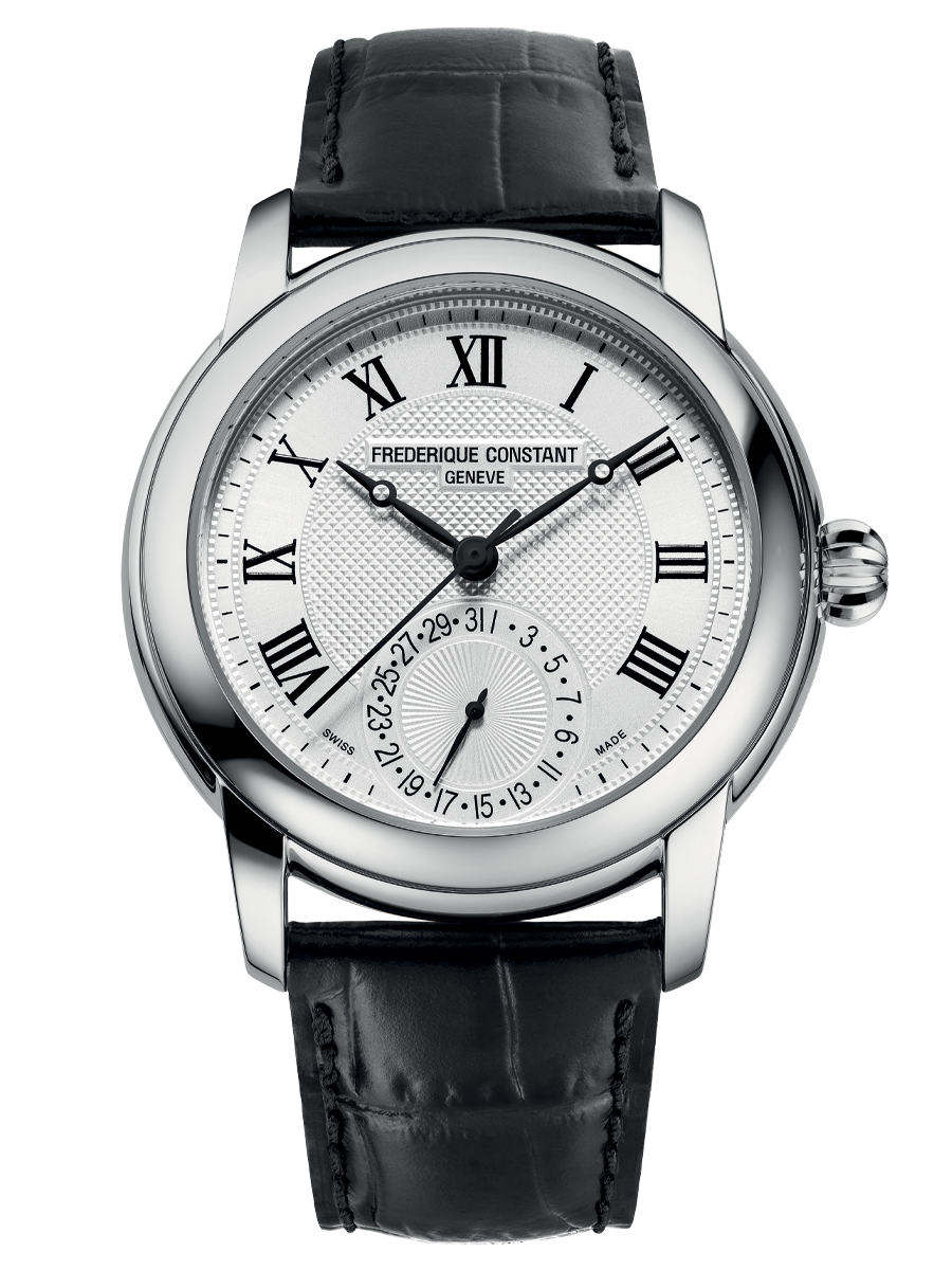 Classic Manufacture watch for man. Automatic movement, white dial, stainless-steel case, date counter and black leather strap