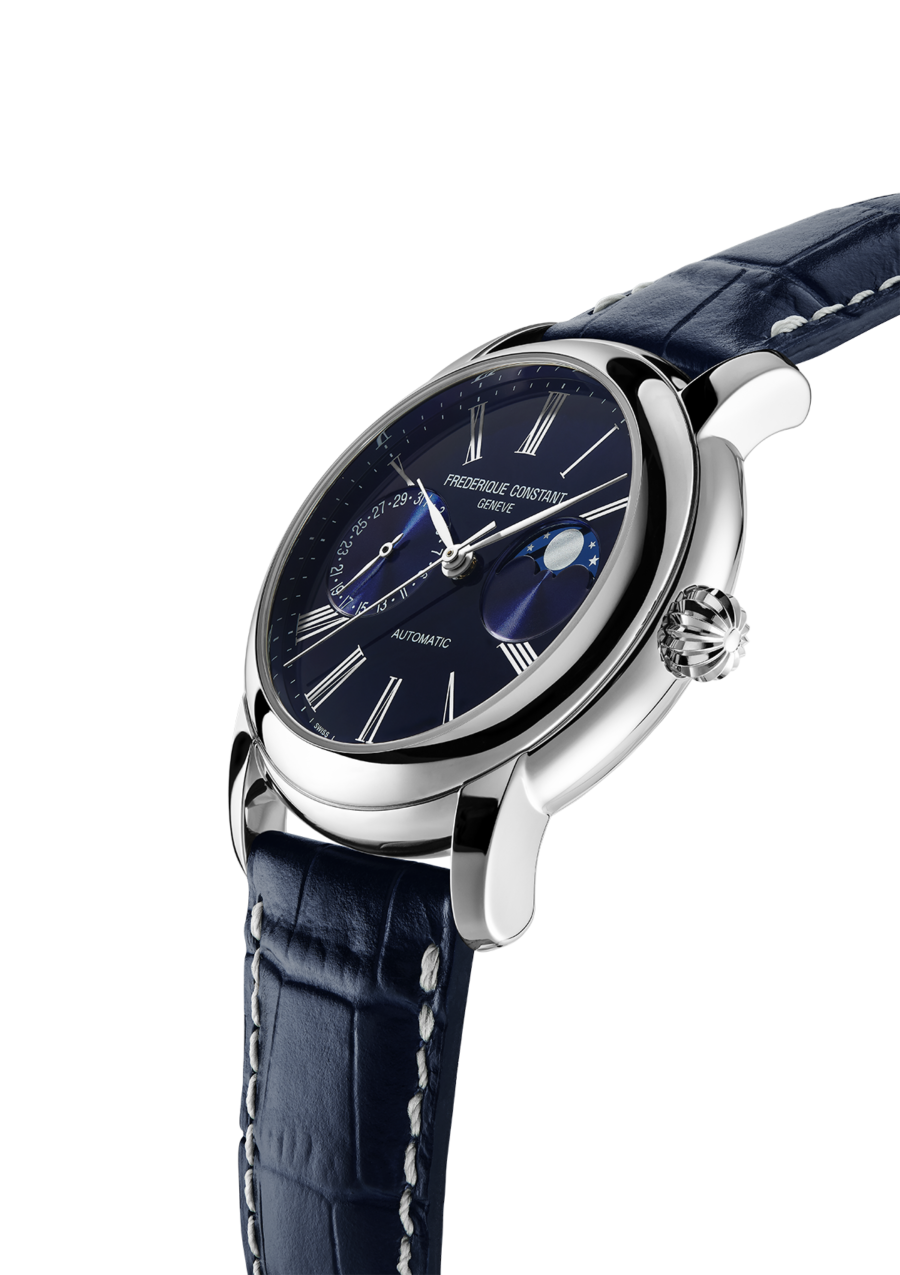 Classicss Moonphase Manufacture watch for man. Automatic movement, blue dial, stainless-steel case, date counter, moonphase and blue leather strap