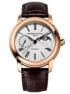 Classic Moonphase Manufacture watch for man. Automatic movement, white dial, rose-gold plated case, date counter, moonphase and brown leather strap