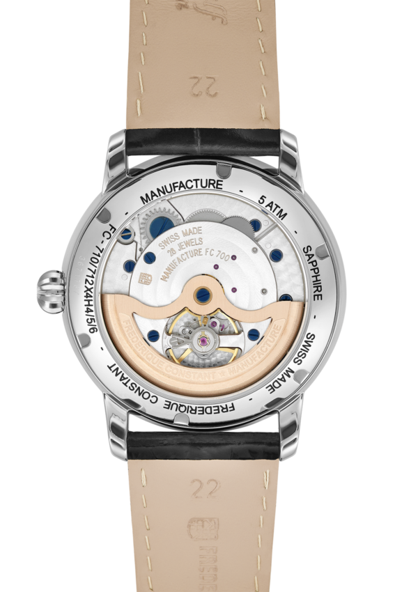 Classic Moonphase Manufacture watch for man. Automatic movement, white dial, stainless-steel case, date counter, moonphase and black leather strap