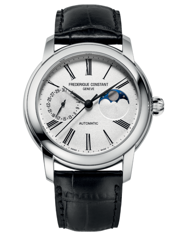 Classic Moonphase Manufacture watch for man. Automatic movement, white dial, stainless-steel case, date counter, moonphase and black leather strap