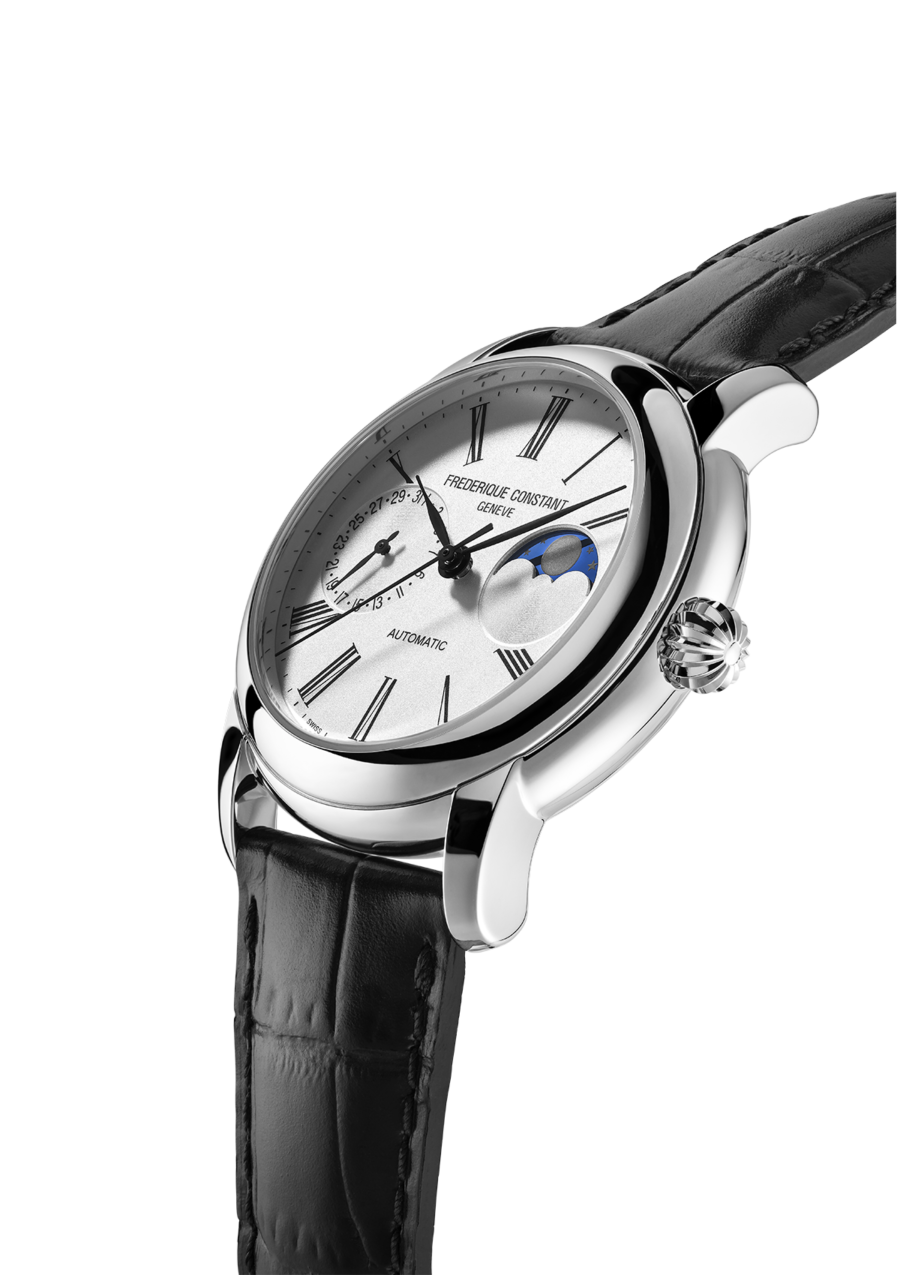  Classic Moonphase Manufacture watch for man. Automatic movement, white dial, stainless-steel case, date counter, moonphase and black leather strap