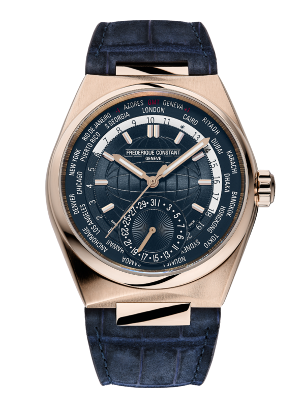 Highlife Worldtimer Manufacture watch for man. Automatic movement, blue dial, rose-gold case, date counter, worldtimer and blue alligator leather and interchangeable strap.