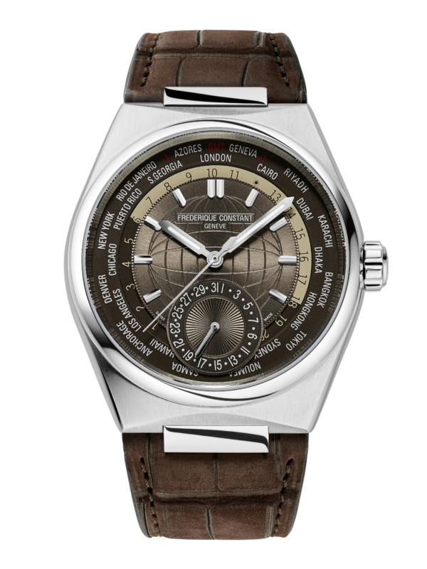 Highlife Worldtimer Manufacture watch for man. Automatic movement, brown dial, stainless-steel case, date counter, worldtimer and brown alligator leather integrated and interchangeable strap.