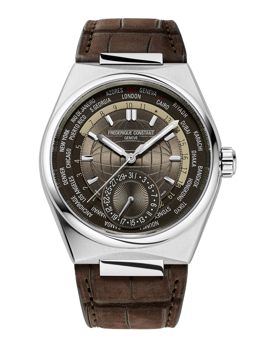 Highlife Worldtimer Manufacture watch for man. Automatic movement, brown dial, stainless-steel case, date counter, worldtimer and brown alligator leather integrated and interchangeable strap.