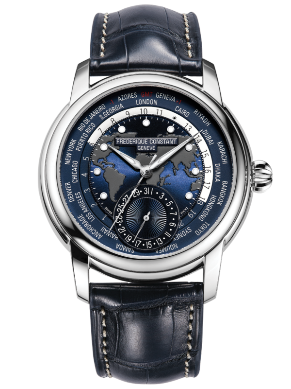 Classics Worldtimer Manufacture watch for man. Automatic movement, blue dial, stainless-steel case, date counter, worldtimer and blue leather strap