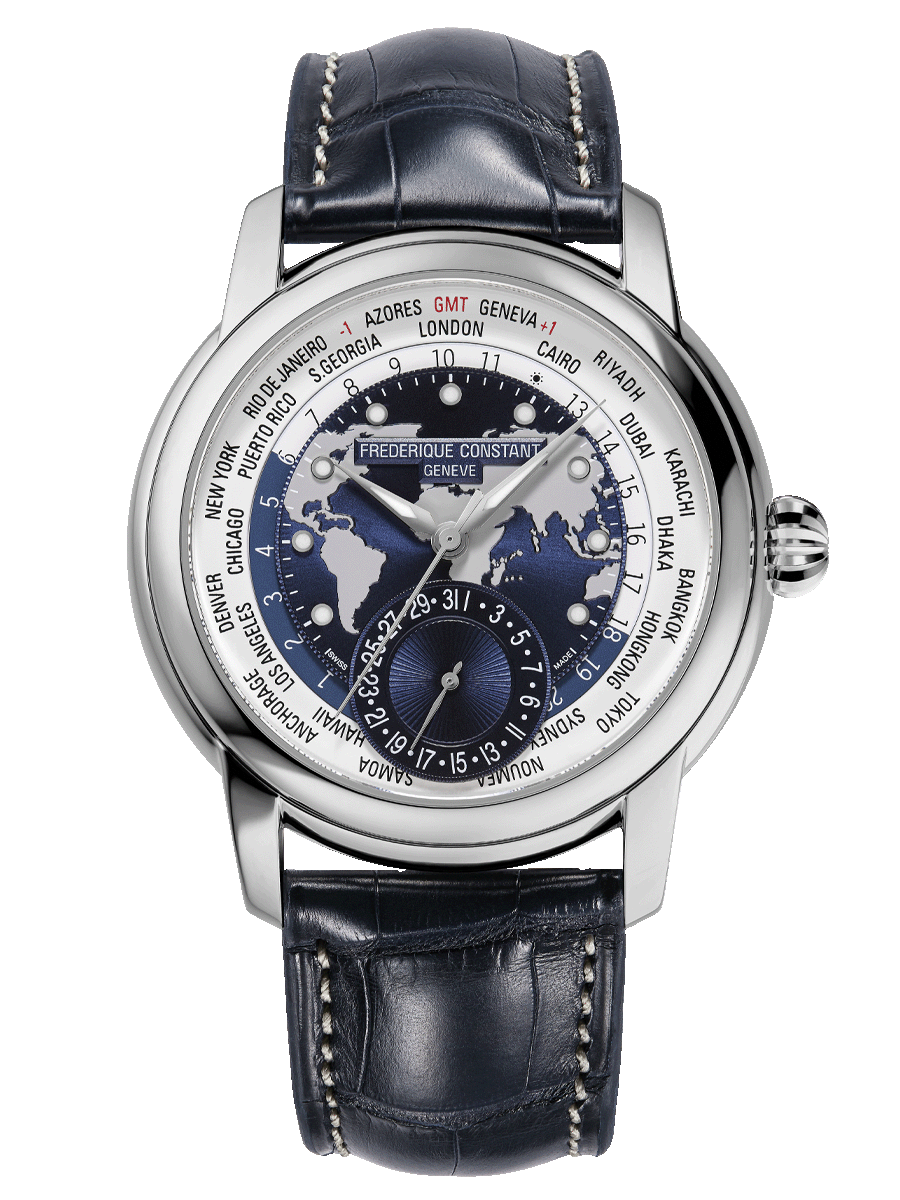 Classics Worldtimer Manufacture watch for man. Automatic movement, grey and blue dial, stainless-steel case, date counter, worldtimer and blue leather strap