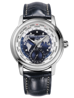 Classics Worldtimer Manufacture watch for man. Automatic movement, grey and blue dial, stainless-steel case, date counter, worldtimer and blue leather strap