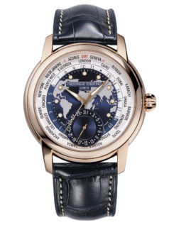 Classicss Worldtimer Manufacture watch for man. Automatic movement, grey and blue dial, 18K rose-gold case, date counter, worldtimer and blue leather strap. Limited Edition watch