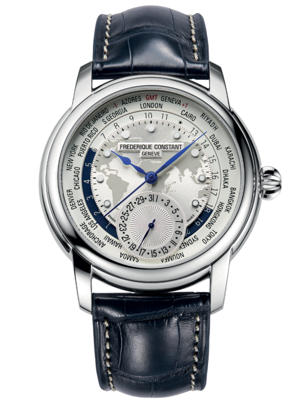 Classics Worldtimer Manufacture watch for man. Automatic movement, withe dial, stainless-steel case, date counter, worldtimer and blue leather strap
