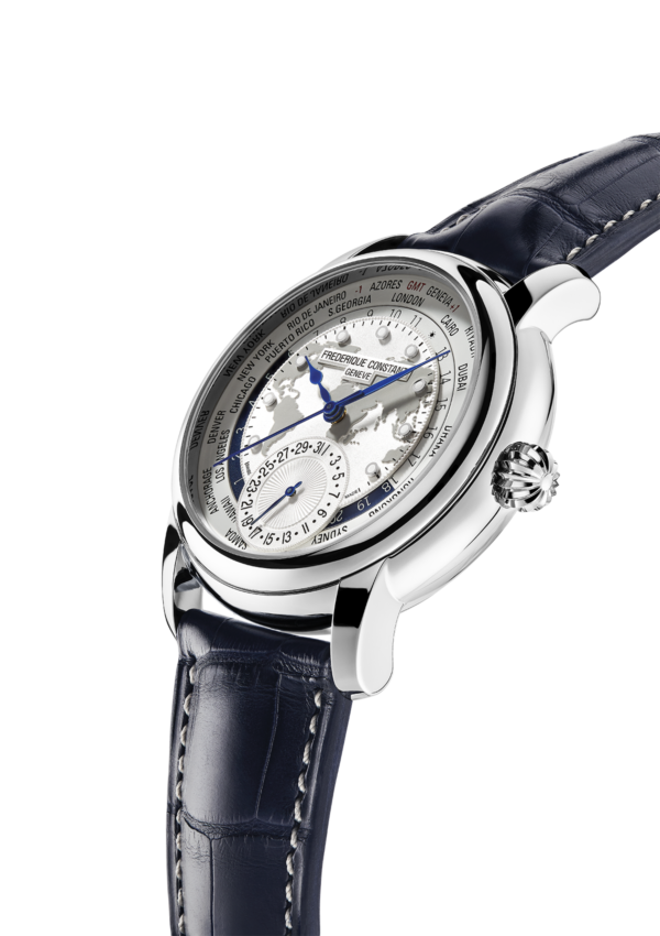 Worldtimer Manufacture watch for man. Automatic movement, withe dial, stainless-steel case, date counter, worldtimer and blue leather strap