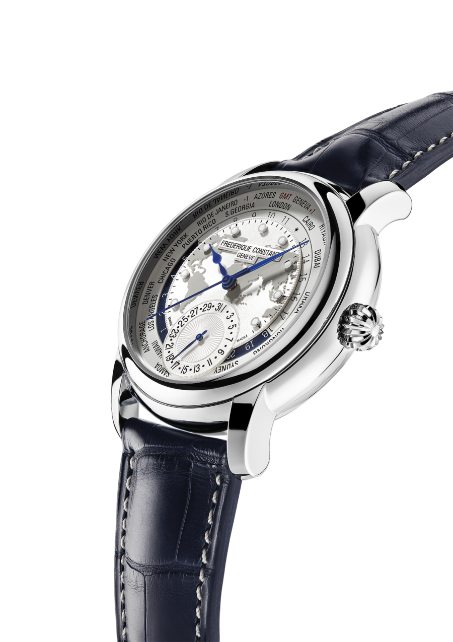 Worldtimer Manufacture watch for man. Automatic movement, withe dial, stainless-steel case, date counter, worldtimer and blue leather strap