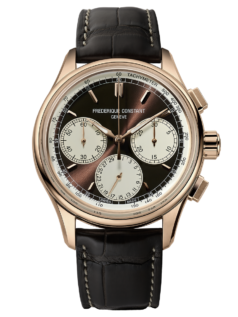 Flyback Chronograph Manufacture watch for man. Automatic movement, white dial, rose-gold plated case, date, seconds and minutes counters, chronograph and brown leather strap