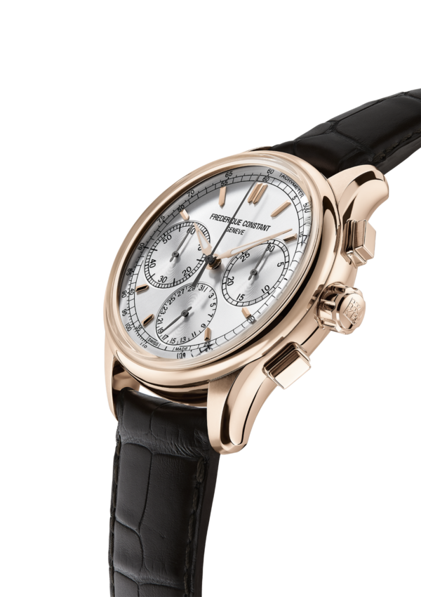 Classicss Flyback Chronograph Manufacture watch for man. Automatic movement, white dial, rose-gold plated case, date, seconds and minutes counters, chronograph and brown leather strap