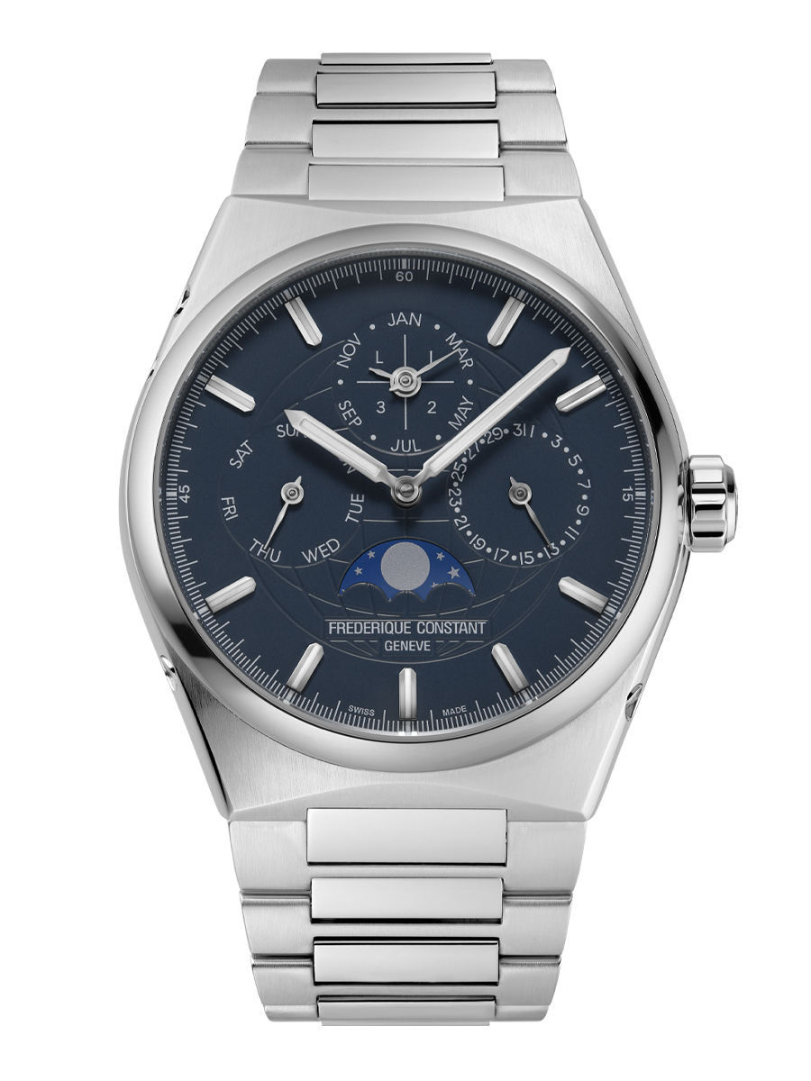 Highlife Perpetual Calendar Manufacture watch for man. Automatic movement, blue-grey dial, stainless-steel case, date, month and day counters, moonphase and stainless-steel integrated and interchangeable bracelet