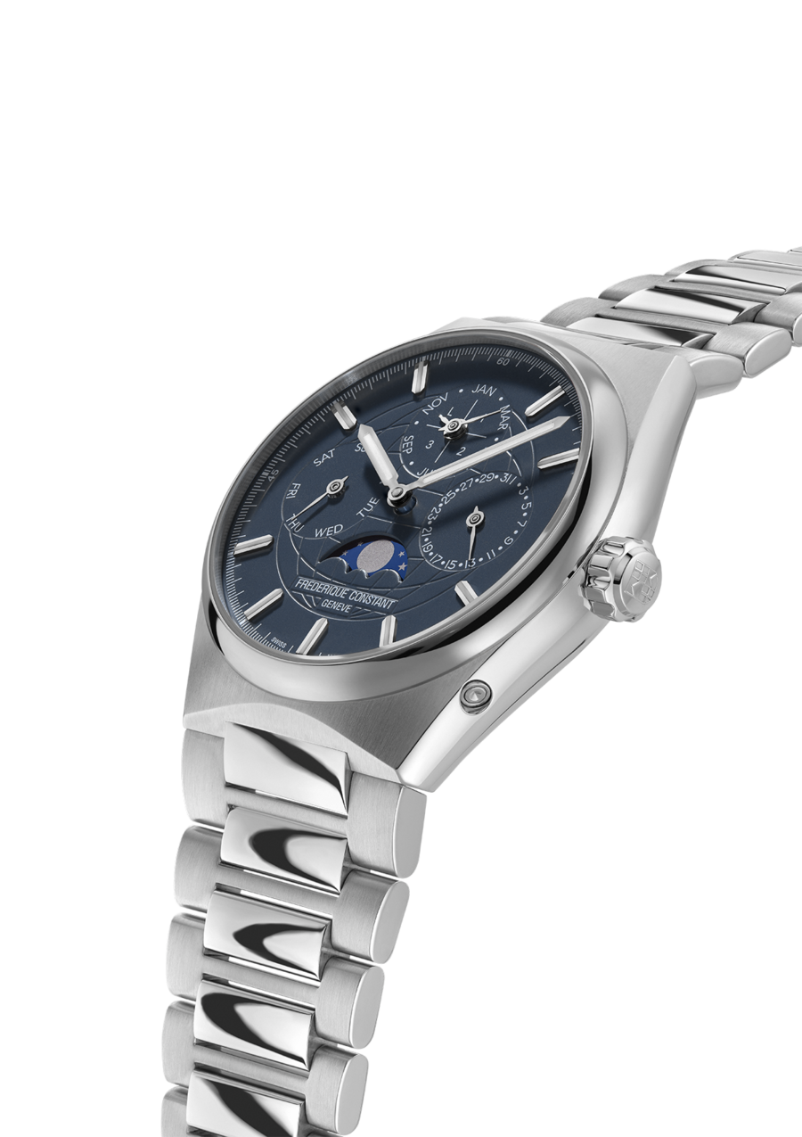 Highlife Perpetual Calendar Manufacture watch for man.   Automatic movement, blue-grey dial, stainless-steel case, date, month and day counters, moonphase and stainless-steel integrated and interchangeable bracelet