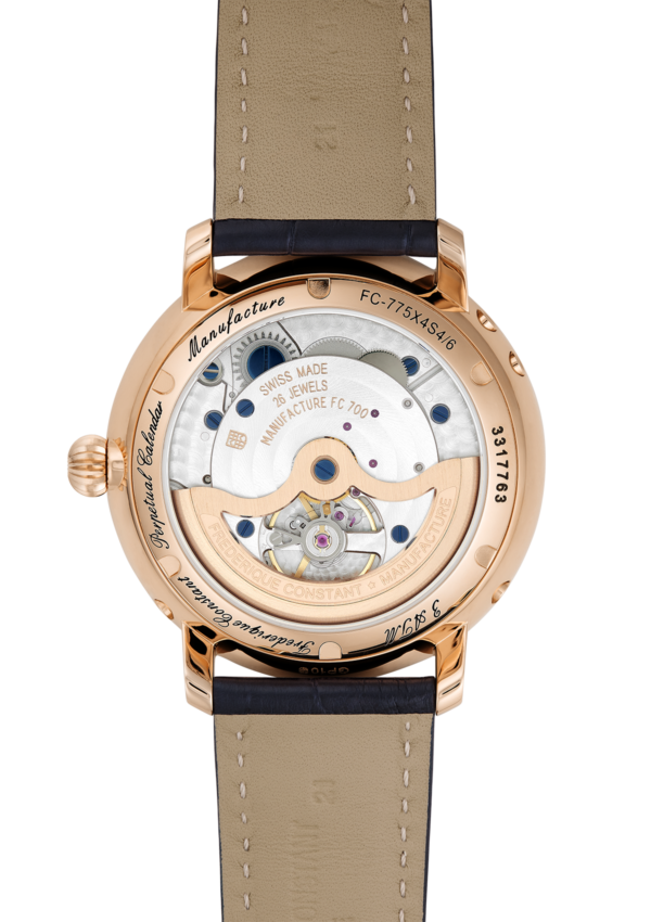 Slimline Perpetual Calendar Manufacture watch for man.   Automatic movement, grey dial, rose-gold plated case, date, day and month counters, moonphase and blue leather strap