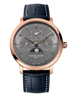 Slimline Perpetual Calendar Manufacture watch for man.   Automatic movement, grey dial, rose-gold plated case, date, day and month counters, moonphase and blue leather strap