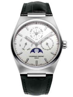 Highlife Perpetual Calendar Manufacture watch for man.   Automatic movement, silver dial, stainless-steel case, date, month and day counters, moonphase and black leather integrated and interchangeable strap
