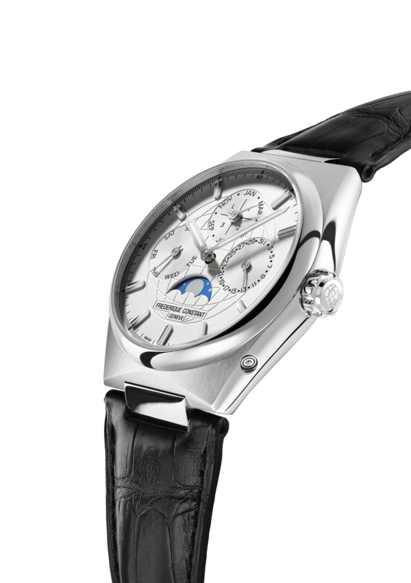 Highlife Perpetual Calendar Manufacture watch for man.   Automatic movement, silver dial, stainless-steel case, date, month and day counters, moonphase and black leather integrated and interchangeable strap