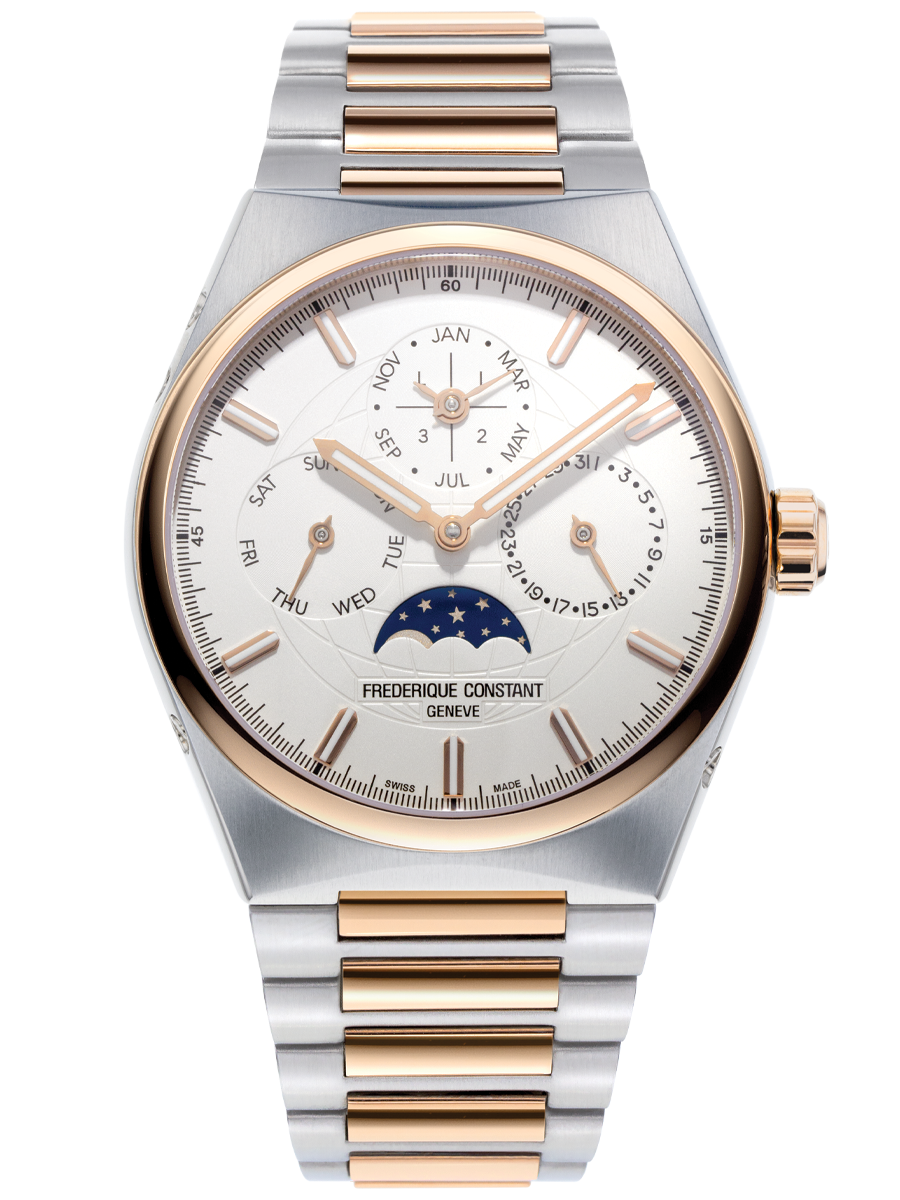 Highlife Perpetual Calendar Manufacture watch for man. Automatic movement, white dial, stainless-steel and rose-gold plated case, date, month and day counters, moonphase and stainless-steel and rose-gold plated integrated and interchangeable bracelet