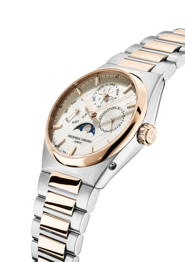 Highlife Perpetual Calendar Manufacture watch for man.   Automatic movement, white dial, stainless-steel and rose-gold plated case, date, month and day counters, moonphase and stainless-steel and rose-gold plated integrated and interchangeable bracelet