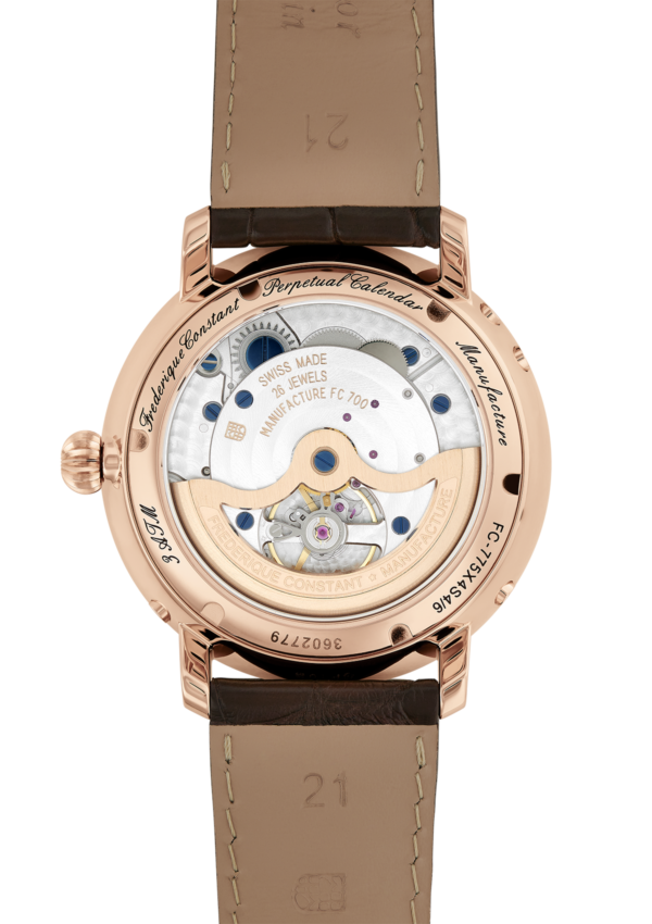 Slimline Perpetual Calendar Manufacture watch for man.   Automatic movement, white dial, rose-gold plated case, date, day and month counters, moonphase and brown leather strap