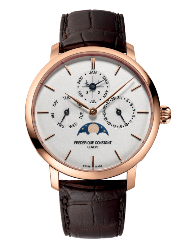 Slimline Perpetual Calendar Manufacture watch for man.   Automatic movement, white dial, rose-gold plated case, date, day and month counters, moonphase and brown leather strap