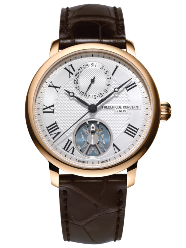 Slimline Monolithic Manufacture watch for man. Automatic movement, white dial, 18K rose-gold case, date counter, monolithic oscillator and brown leather strap 