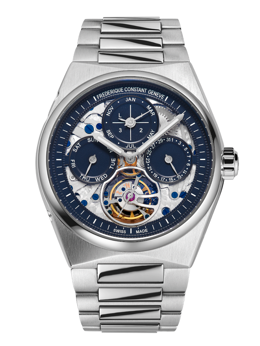 Highlife Tourbillon Perpetual Calendar Manufacture watch for man. Automatic movement, skeleton dial, stainless-steel case, date, month and day counters, tourbillon and stainless-steel integrated and interchangeable bracelet 