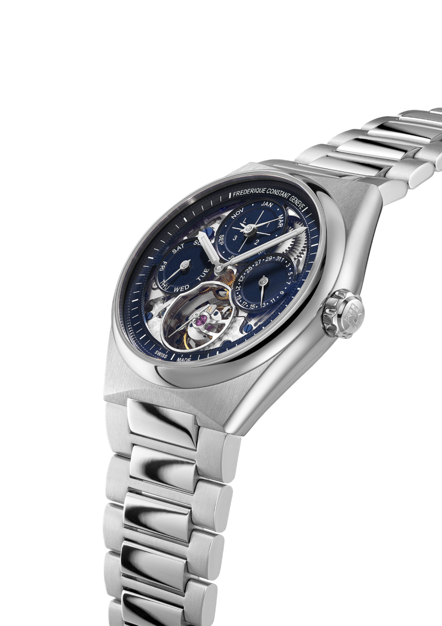 Highlife Tourbillon Perpetual Calendar Manufacture watch for man. Automatic movement, skeleton dial, stainless-steel case, date, month and day counters, tourbillon and stainless-steel integrated and interchangeable bracelet 