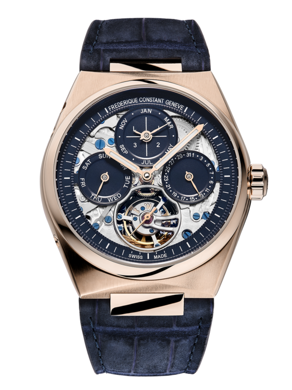 Highlife Tourbillon Perpetual Calendar Manufacture watch for man. Automatic movement, skeleton dial, 18K rose-gold case, date, month and day counters, tourbillon and blue leather integrated and interchangeable strap 