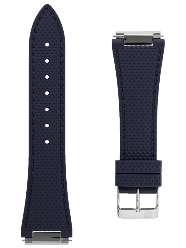 Blue rubber strap. Easy changing system strap. Stainless-steel tongue buckle. Width: 14x12mm. Interhorn: 14mm. Length 115x75mm