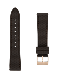 Brown rubber strap. Easy changing system strap. Stainless-steel tongue buckle. Width: 14x12mm. Interhorn: 14mm. Length 100x70mm