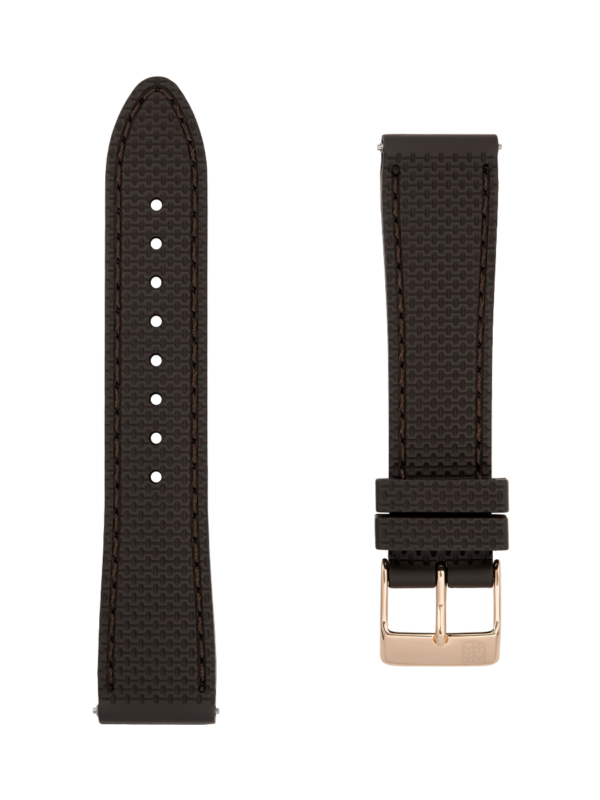 Brown rubber strap. Easy changing system strap. Stainless-steel tongue buckle. Width: 14x12mm. Interhorn: 14mm. Length 100x70mm