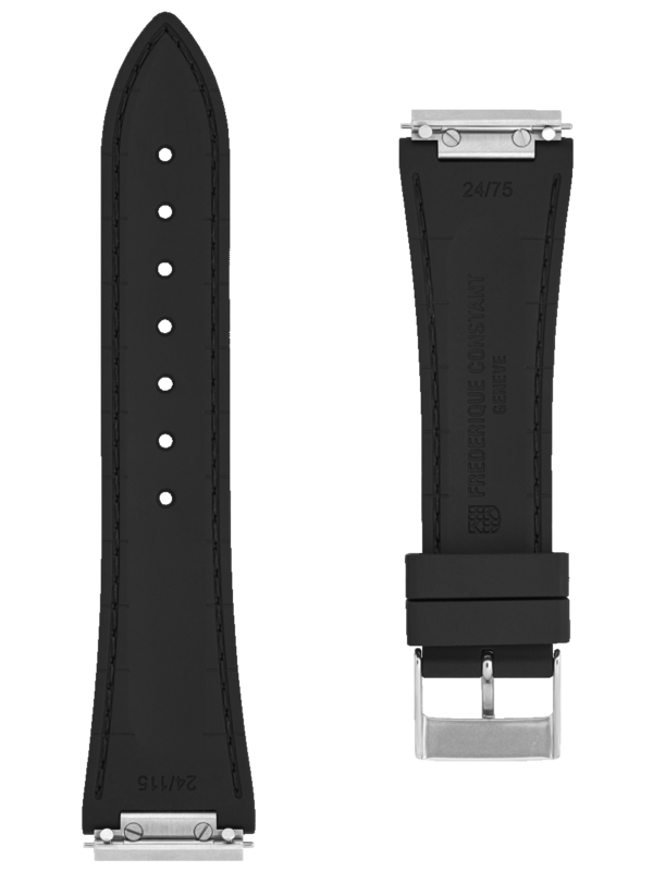 Black rubber strap. Easy changing system strap. Stainless-steel tongue buckle. Width: 14x12mm. Interhorn: 14mm. Length 115x75mm
