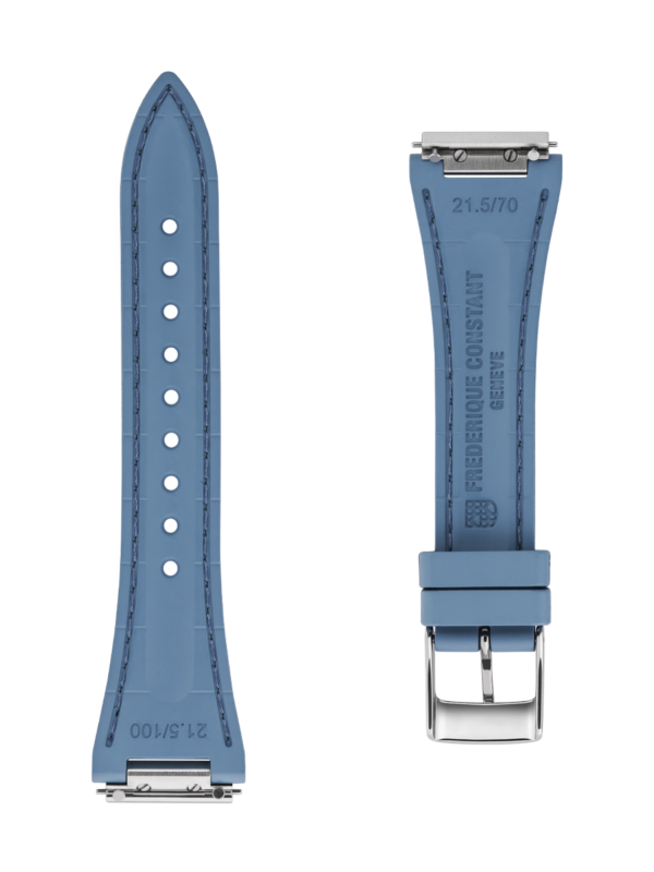 Blue rubber strap. Easy changing system strap. Stainless-steel tongue buckle. Width: 14x12mm. Interhorn: 14mm. Length 100x70mm