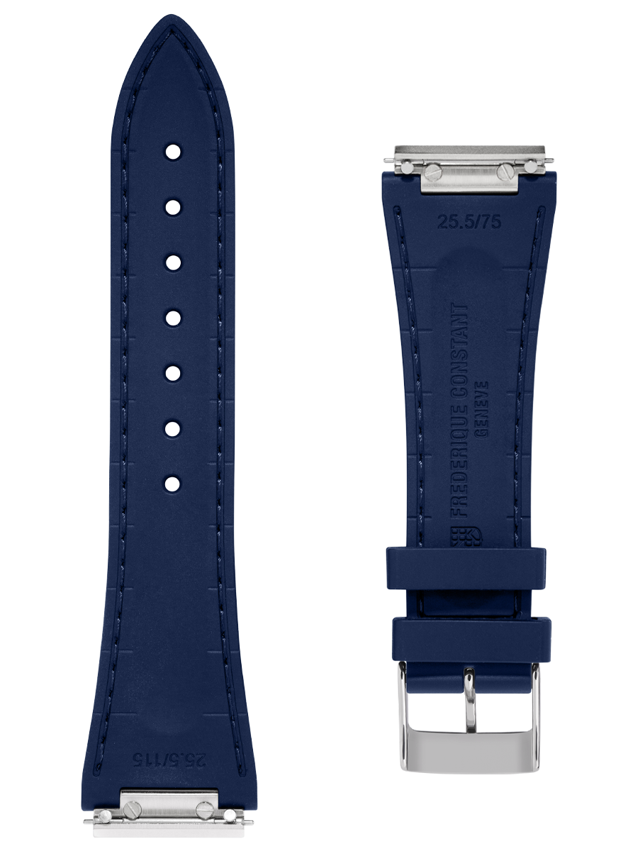 Blue rubber strap. Easy changing system strap. Stainless-steel tongue buckle. Width: 14x12mm. Interhorn: 14mm. Length 115x75mm