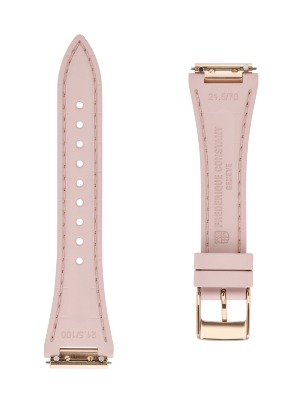 Pink rubber strap. Easy changing system strap. Stainless-steel tongue buckle. Width: 14x12mm. Interhorn: 14mm. Length 100x70mm