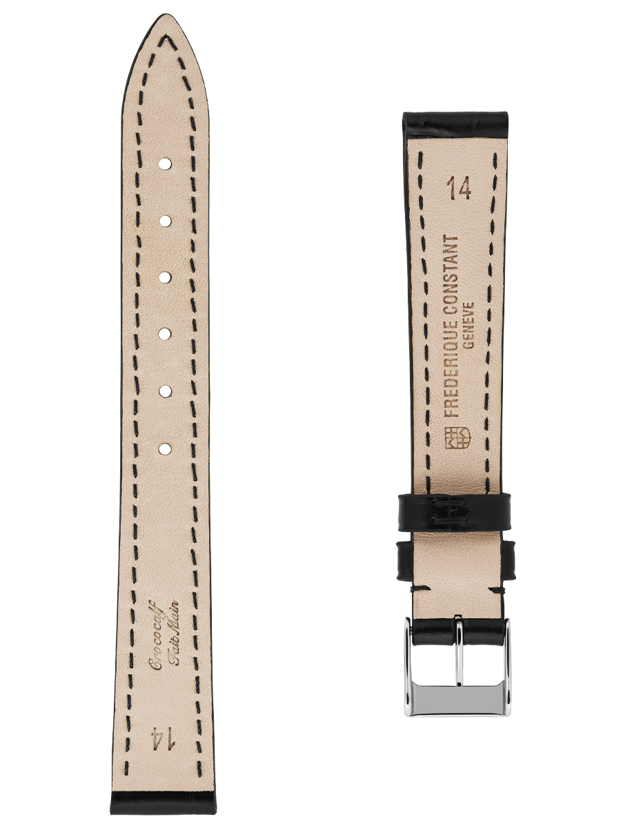 Black calf leather strap with beige lining and black stitching. Easy changing system strap. Stainless-steel tongue buckle. Width: 14x12mm. Interhorn: 14mm. Length 105x70mm