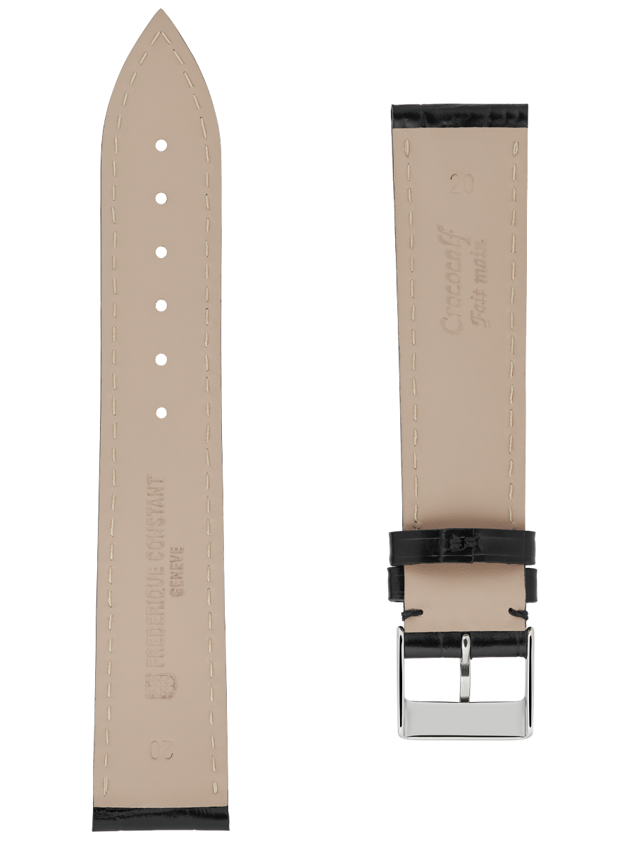 Brown calf leather strap with beige lining and brown stitching. Rose-gold plated tongue buckle. Width: 20x18mm. Interhorn: 20mm. Length 120x80mm