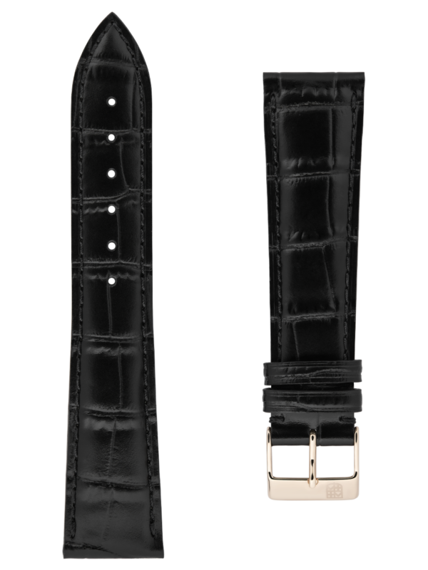 Brown calf leather strap with beige lining and brown stitching. Rose-gold plated tongue buckle. Width: 20x18mm. Interhorn: 20mm. Length 120x80mm