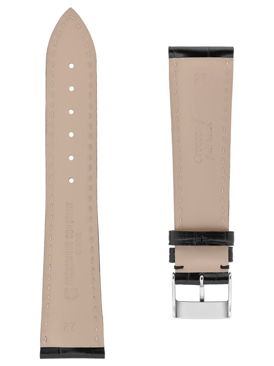 Black calf leather strap with beige lining and black stitching. Stainless-steel tongue buckle. Width: 20x18mm. Interhorn: 20mm. Length 120x80mm