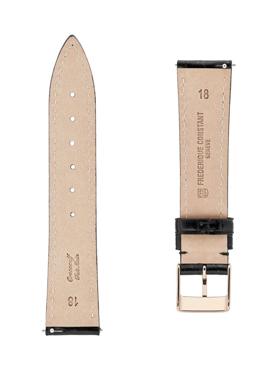 Black calf leather strap with beige lining and black stitching. Easy strap changing system. Stainless-steel tongue buckle. Width: 18x16mm. Interhorn: 18mm. Length 100x70mm