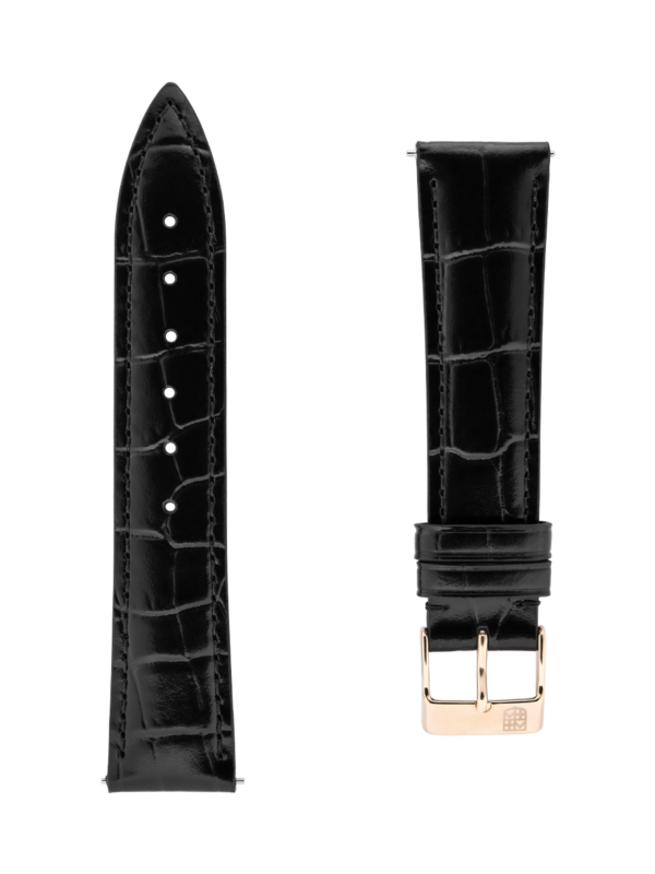 Black calf leather strap with beige lining and black stitching. Easy strap changing system. Stainless-steel tongue buckle. Width: 18x16mm. Interhorn: 18mm. Length 100x70mm