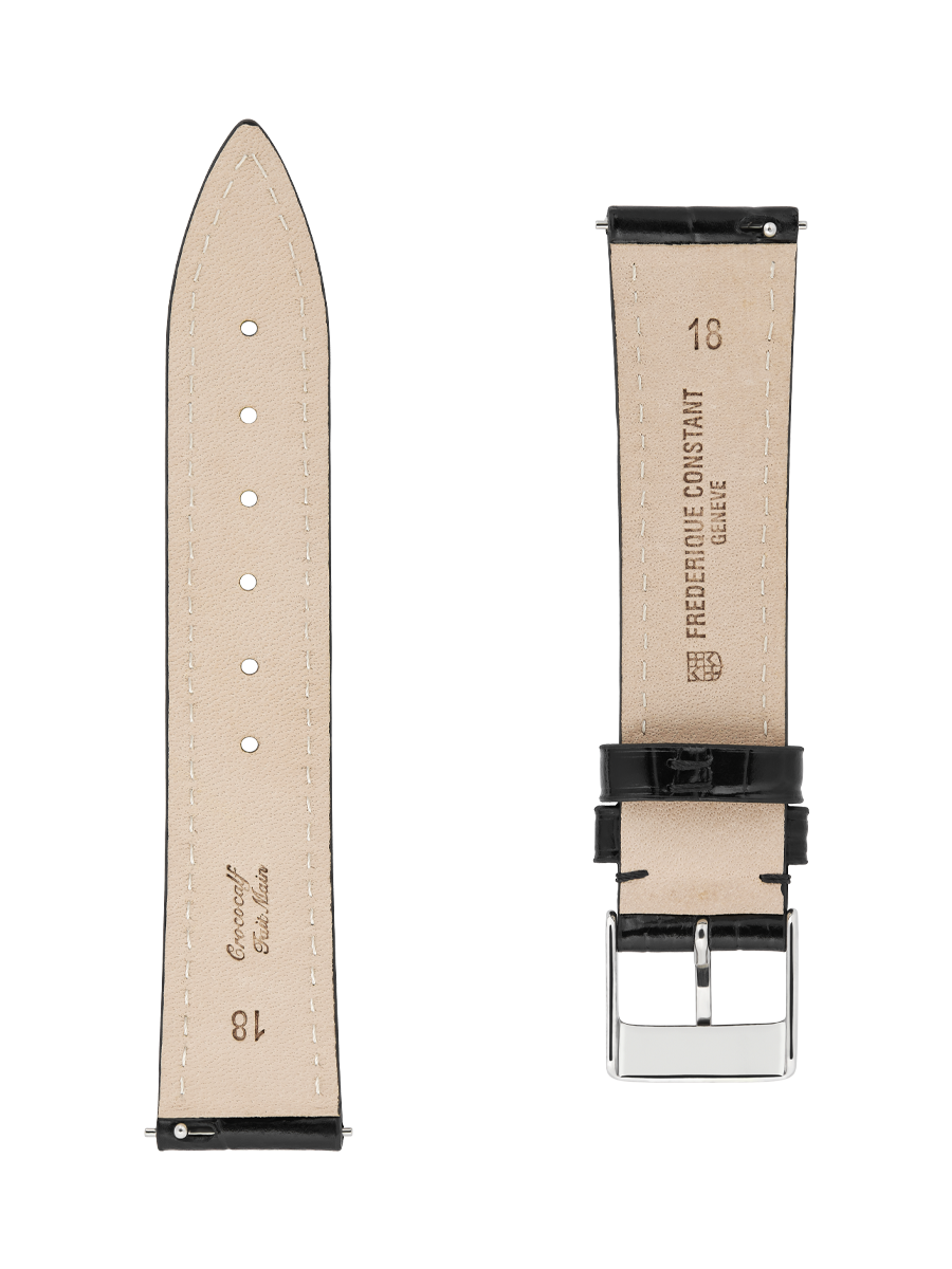 Black calf leather strap with beige lining and black stitching. Easy strap changing system. Stainless-steel tongue buckle. Width: 18x16mm. Interhorn: 18mm. Length 100x70mm