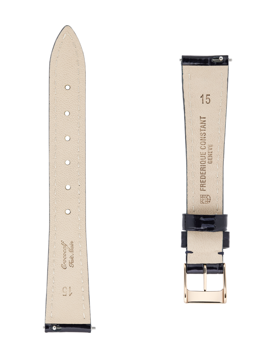 Blue calf leather strap with beige lining and blue stitching. Rose-gold plated tongue buckle. Width: 15x12mm. Interhorn: 15mm. Length 100x70mm