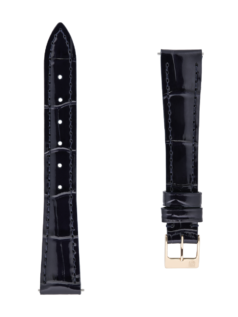 Blue calf leather strap with beige lining and blue stitching. Rose-gold plated tongue buckle. Width: 15x12mm. Interhorn: 15mm. Length 100x70mm
