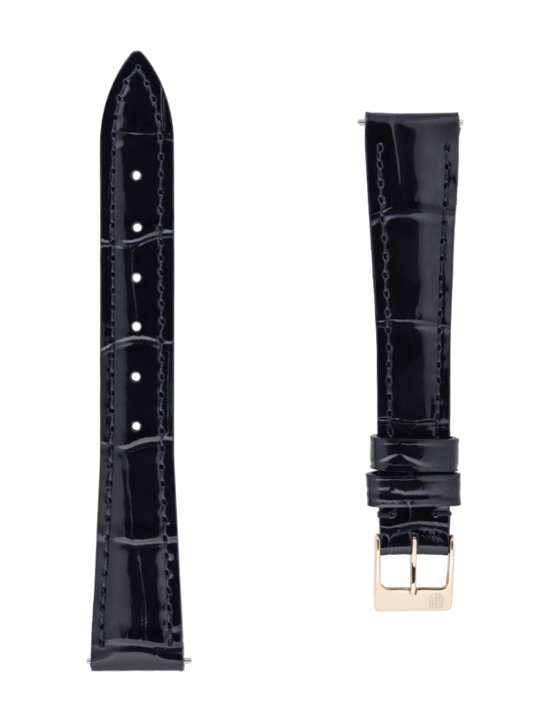 Blue calf leather strap with beige lining and blue stitching. Rose-gold plated tongue buckle. Width: 15x12mm. Interhorn: 15mm. Length 100x70mm