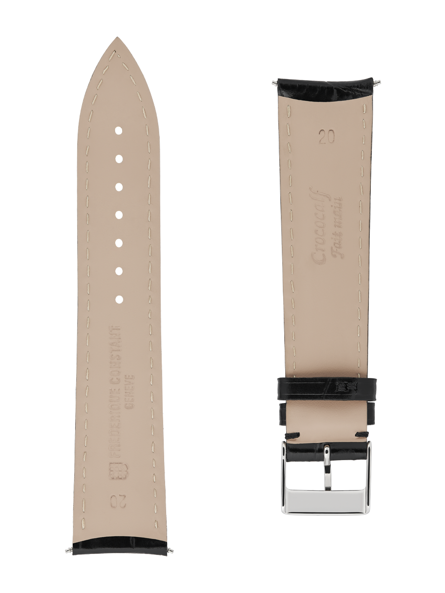 Black calf leather strap with beige lining and black stitching. Stainless-steel tongue buckle. Width: 20x18mm. Interhorn: 20mm. Length 110x80mm